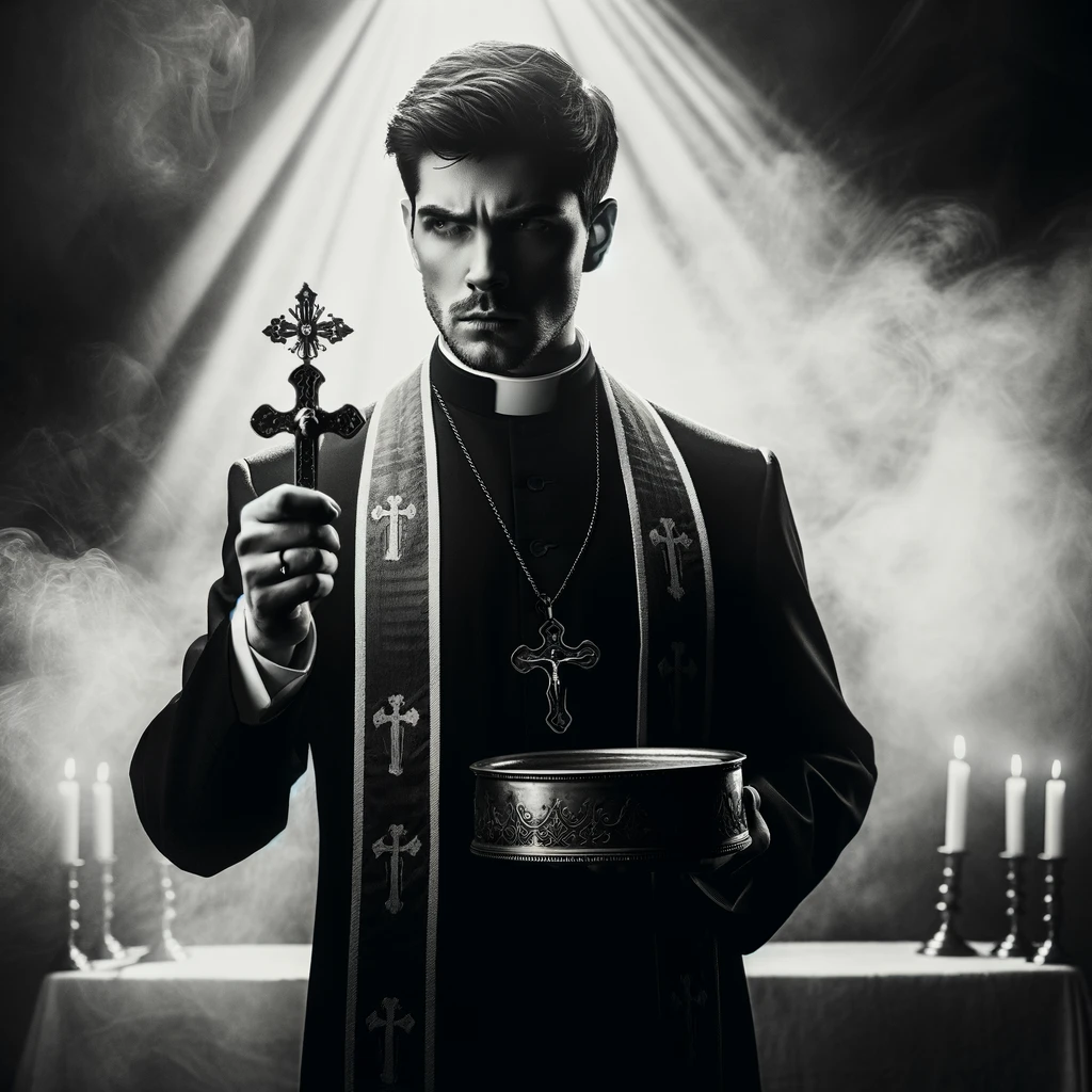 Priest stands resolute, confronting darkness in solemn exorcism rite