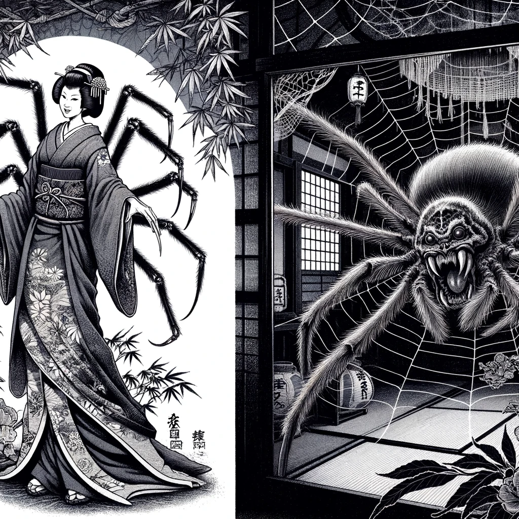 Jorogumo's Deception: From Beauty to Beast in Her Spidery Lair.