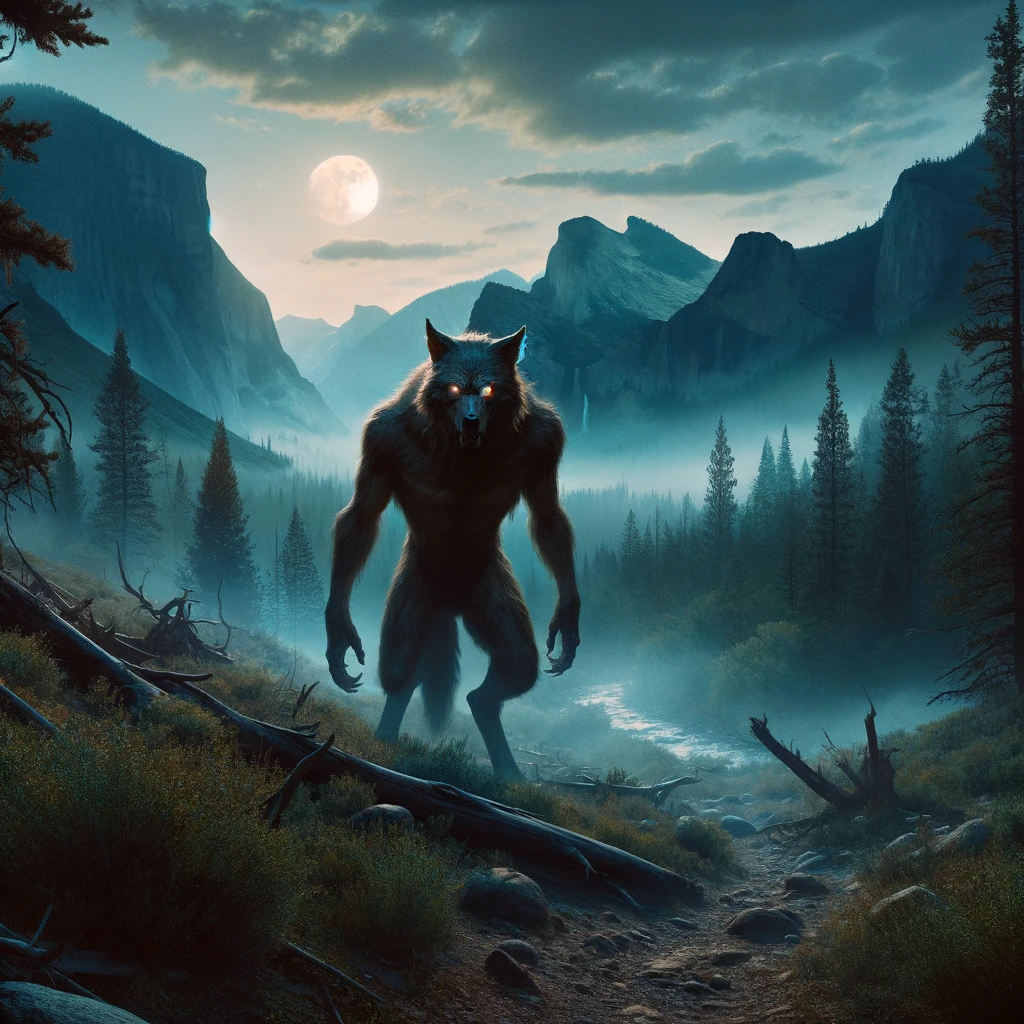 1800s American West: Werewolf-like creature with glowing eyes looms