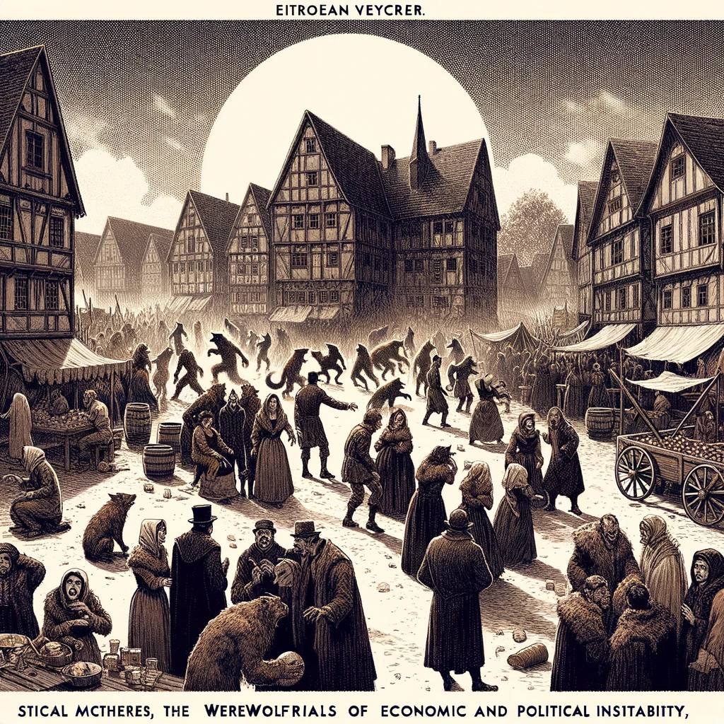 A European village during the werewolf trials, illustrating the social upheaval, economic and political instability, and the pervasive fear and anxiety among the population
